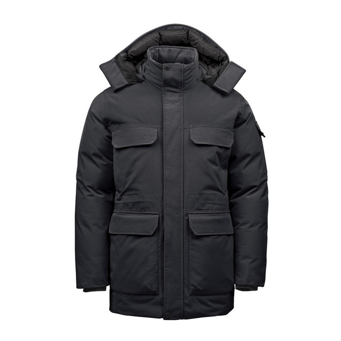 A black Men's Denali Parka with multiple pockets and a hood, featuring a logo on one sleeve.