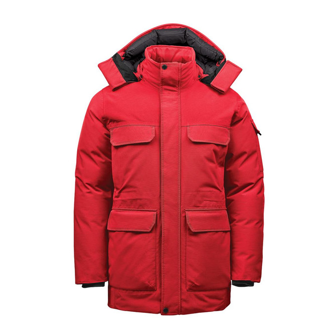 A red men's parka jacket with a hood, featuring multiple front pockets and a sleek design.