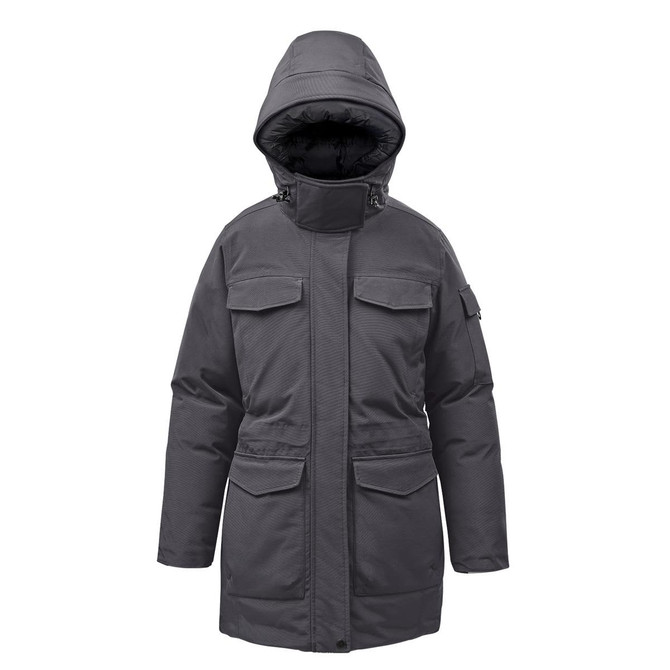 A women's puffer jacket in dark grey with a hood, featuring multiple front pockets and a zip closure.