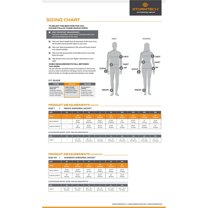 A sizing chart displaying measurements for Men's Andorra Jacket, including body measurements and fit guide.