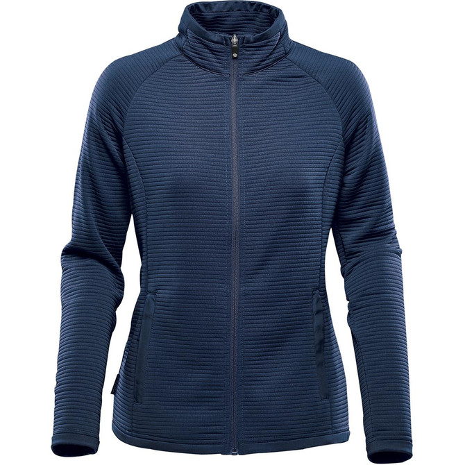 A women's jacket in navy blue with a textured design, featuring a zip front and side pockets, branded logo included.