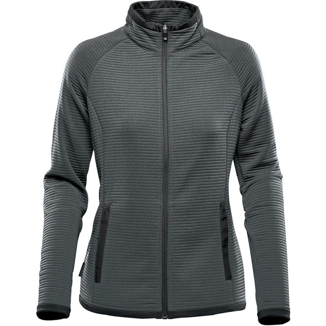 A women's jacket in a dark grey colour with textured fabric, featuring a zip front and two side pockets.
