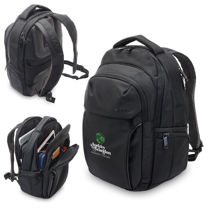 A black Exton Laptop Backpack with multiple compartments, padded straps, and a logo on the front.