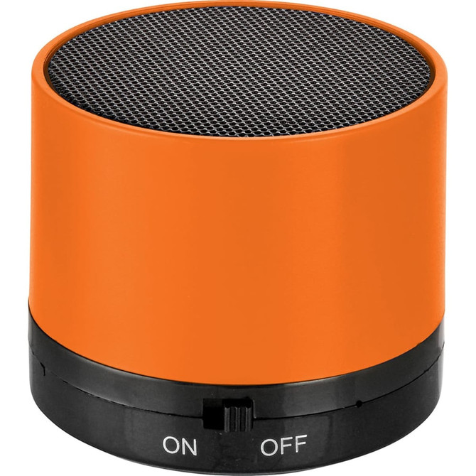 An orange cylinder Bluetooth speaker with a black base and mesh grille on top. It includes an ON/OFF switch.