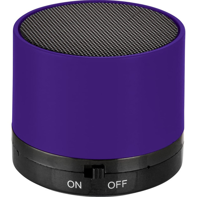 A purple cylinder Bluetooth speaker with a mesh top and an on/off switch at the base. It also features a logo.