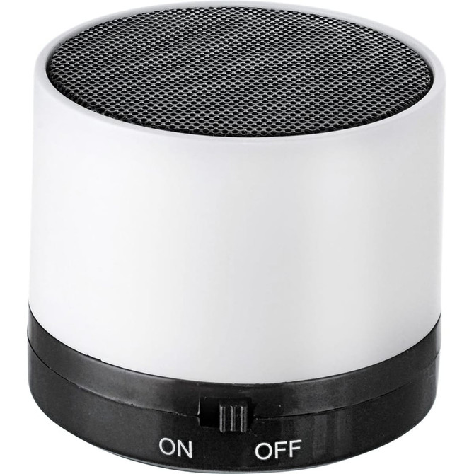 A cylindrical Bluetooth speaker in white and black with an on/off switch. It features a mesh grille on top and a logo.