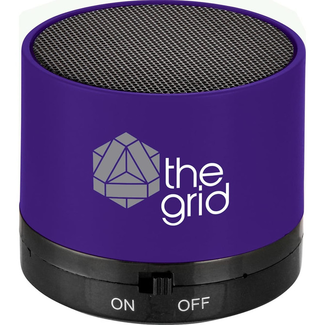 A purple cylinder Bluetooth speaker with a textured top and a logo on the side.