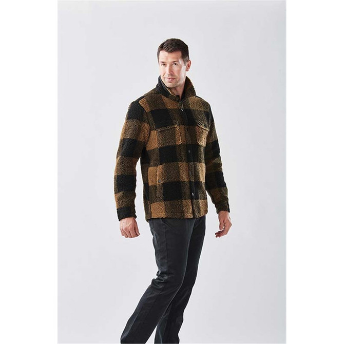 A unisex caribou fleece jacket featuring a black and brown check pattern, with a front pocket and a collar.