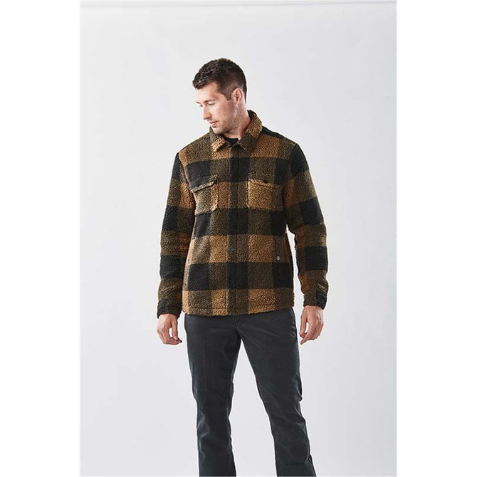 A unisex fleece jacket in brown and black plaid, featuring two chest pockets and a button-up front, with a logo.