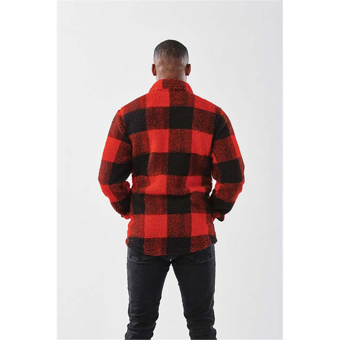 A unisex fleece jacket in red and black check pattern, featuring a high collar and full back view.