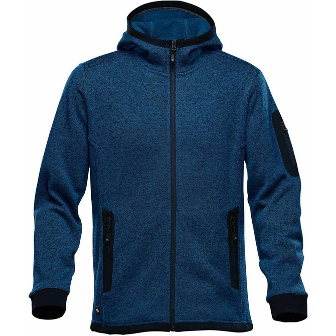 A blue men's hoody with a zip front, featuring black accents and pockets, perfect for casual wear.