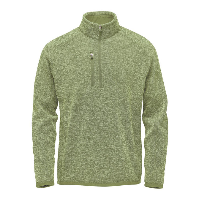 A green men's quarter zip pullover with a textured finish and a front zip pocket. Features a logo on the chest.