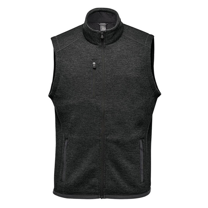 A men's full zip fleece vest in dark grey, featuring a zippered chest pocket and two side pockets.