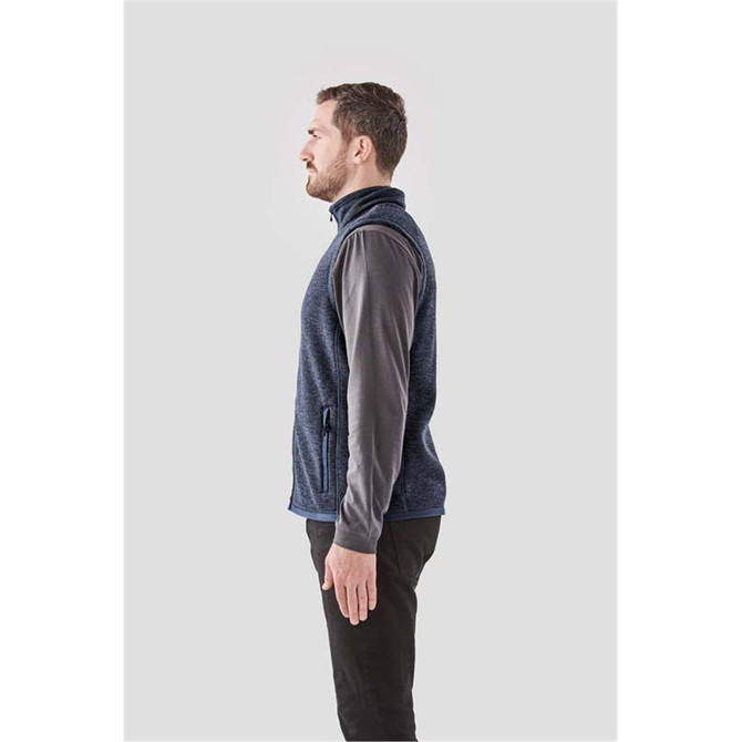 A side view of a men's navy blue fleece vest with a zippered front and one side pocket.