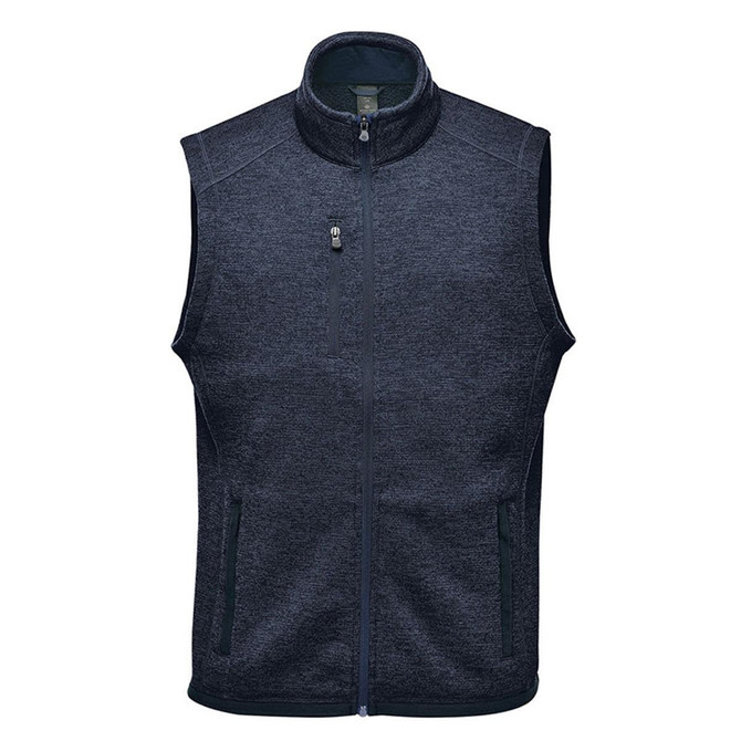 Men's Avalante full zip fleece vest in dark grey with a zippered chest pocket and side pockets. Features a logo.