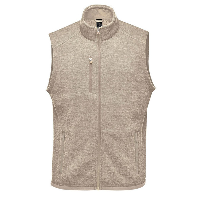 A beige men's fleece vest with a full zip, featuring a high collar and side pockets. It has a small logo on the chest.