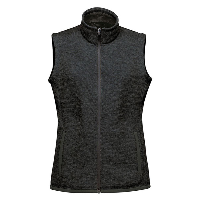 A women's full zip fleece vest in dark grey, featuring a high collar and side pockets, with a logo on the chest.