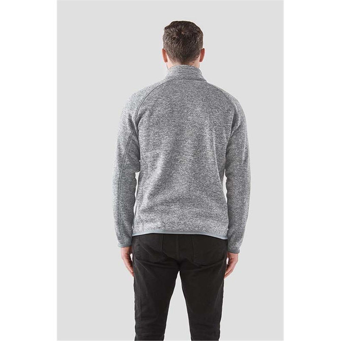A grey men's fleece jacket featuring a full zip, shown from the back with a simple design. Includes a logo.