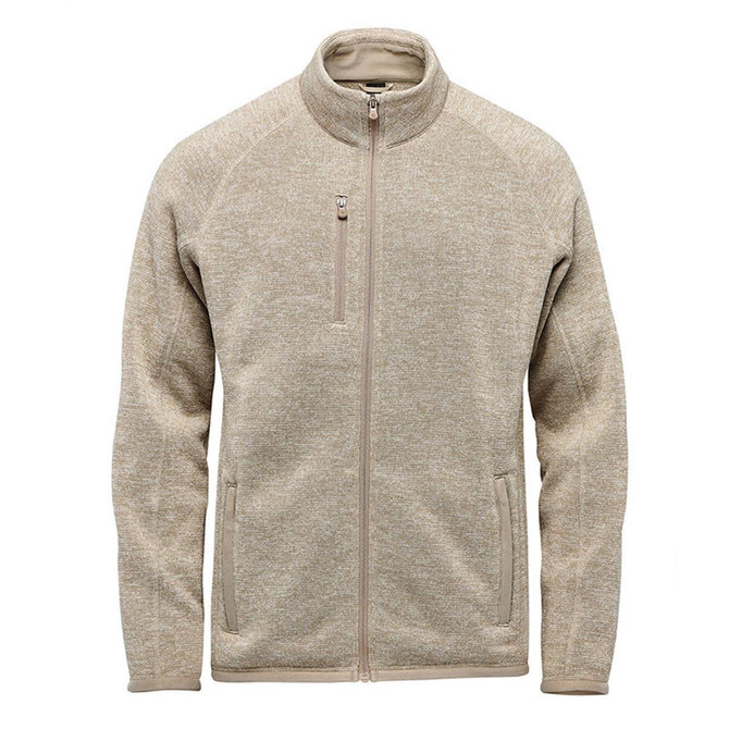 Men's Avalante Full Zip Fleece Jacket in beige with a zippered chest pocket and a fitted collar. Features a logo.