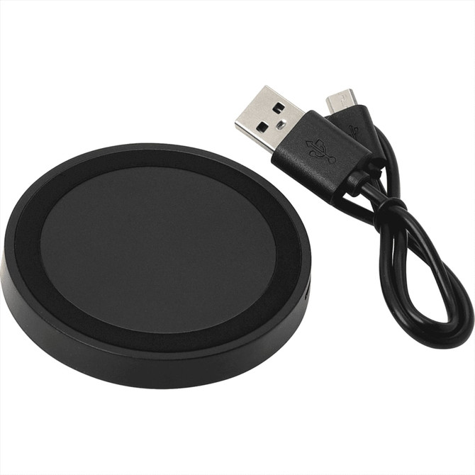 A black wireless charging pad with a USB cable, featuring a sleek circular design.