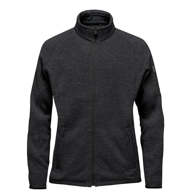 A women's polar fleece jacket featuring a full zip design in dark grey, with side pockets and a branded logo.