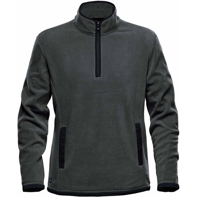 A green men's polar fleece jumper with a 1/4 zip and dark accents, featuring a logo on the chest.