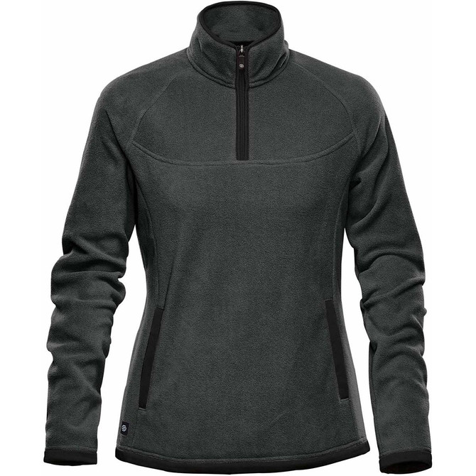A women's dark green fleece jumper featuring a 1/4 zip and side pockets, with a logo on the front.