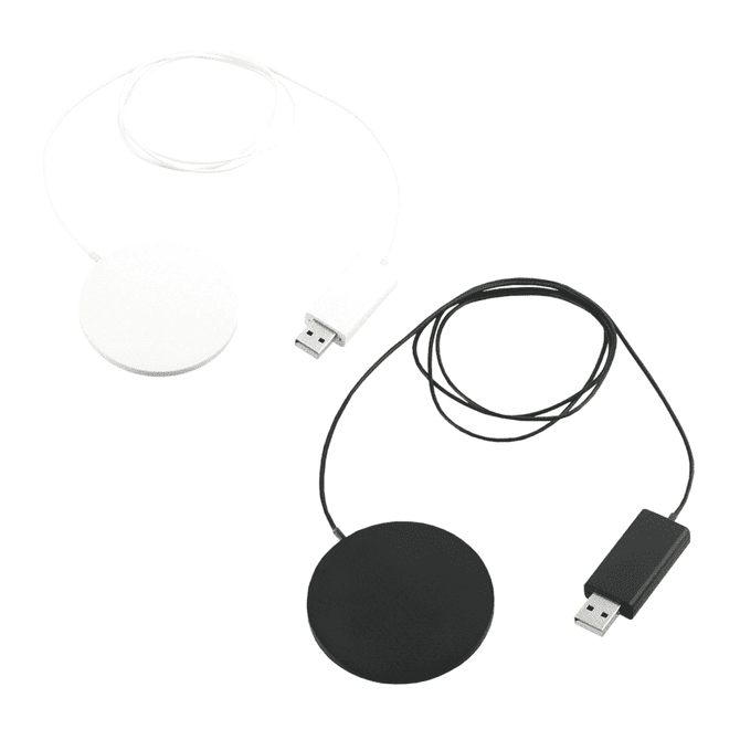 A white and a black ultra-thin wireless charging pad with attached USB cables, featuring a logo on each.