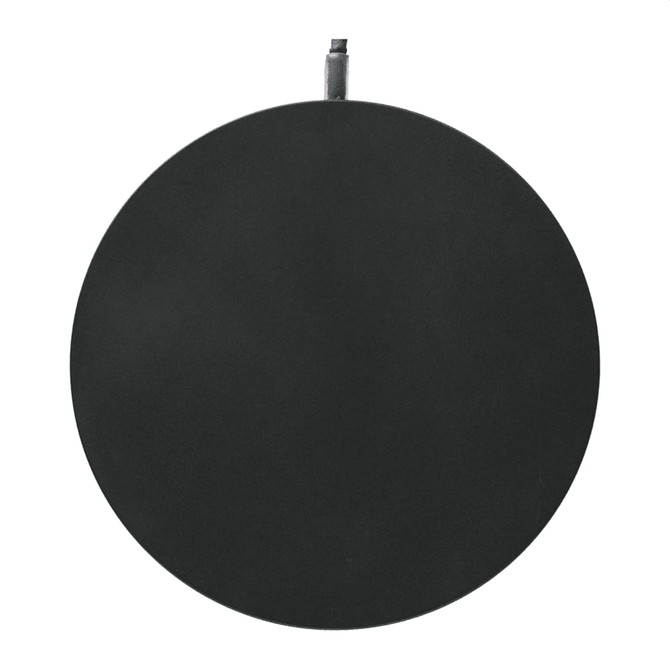 A black ultra-thin wireless charging pad with a single connection point at the top.