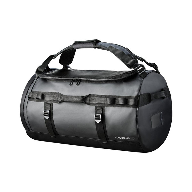 A black and grey waterproof duffle bag featuring adjustable straps and a branding logo.