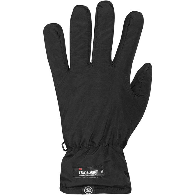 A pair of black fleece lined gloves with a snug fit and elasticated wrist. Features a logo.