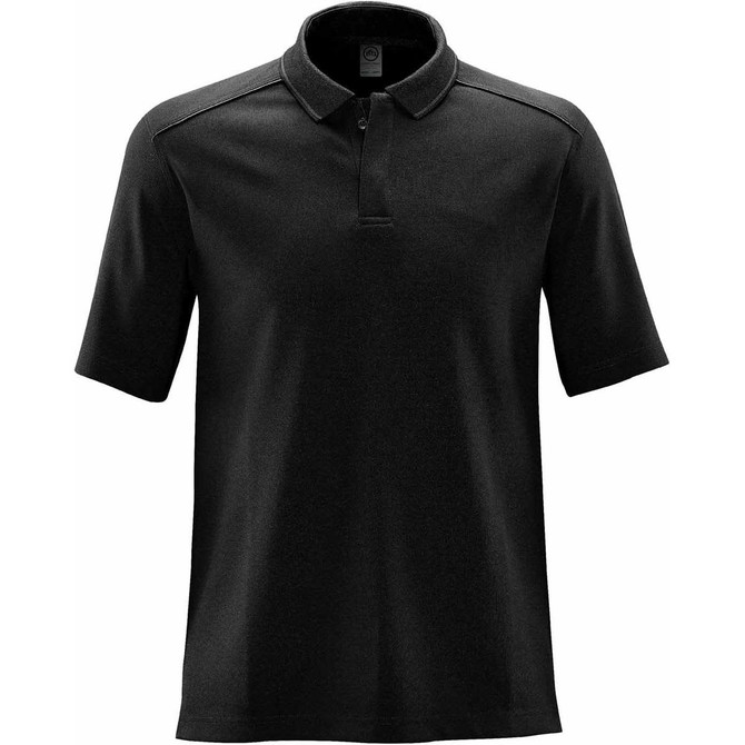 A black men's polo shirt featuring a collar and short sleeves, with a logo on the chest.
