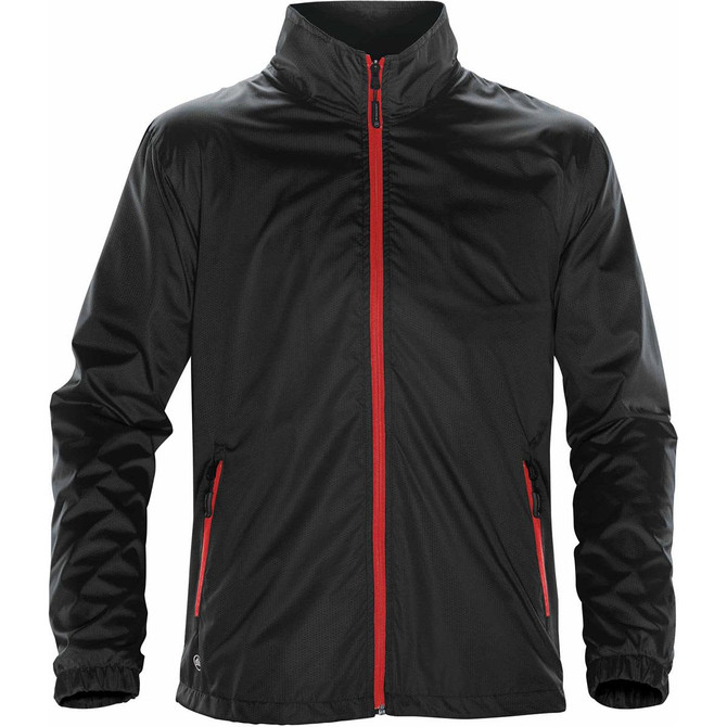A black jacket with a red zipper and trim, featuring long sleeves and side pockets. It has a logo on the front.