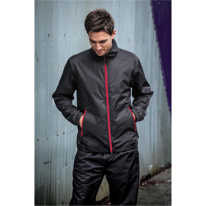 A men's black jacket with red accents, featuring a zippered front and side pockets. Includes a logo on the chest.