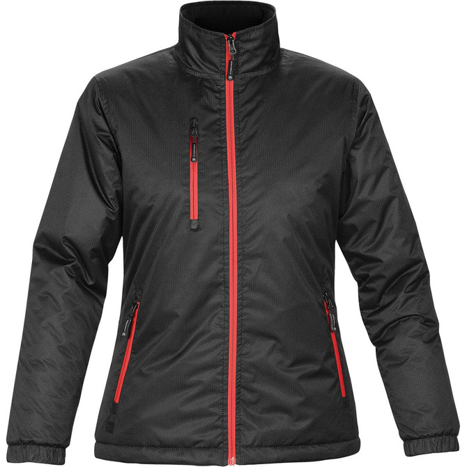 A women's thermal jacket in black with red accents, featuring a zip front and multiple zippered pockets.