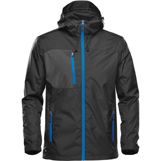 A rain jacket in black with blue accents, featuring a hood and multiple zip pockets, including a logo.