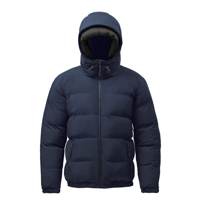 A navy thermal jacket with a hood, featuring a zip closure and padded design. The jacket has a logo on it.