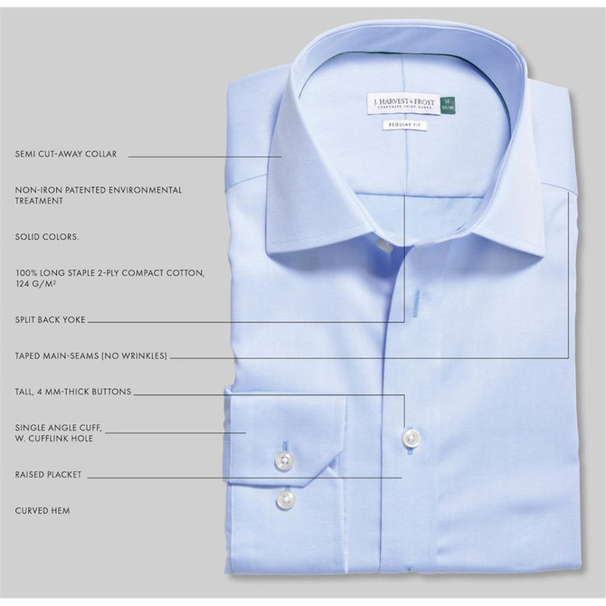 A light blue button-up shirt with a semi cut-away collar, single angled cuff, and a raised placket, featuring a brand logo.