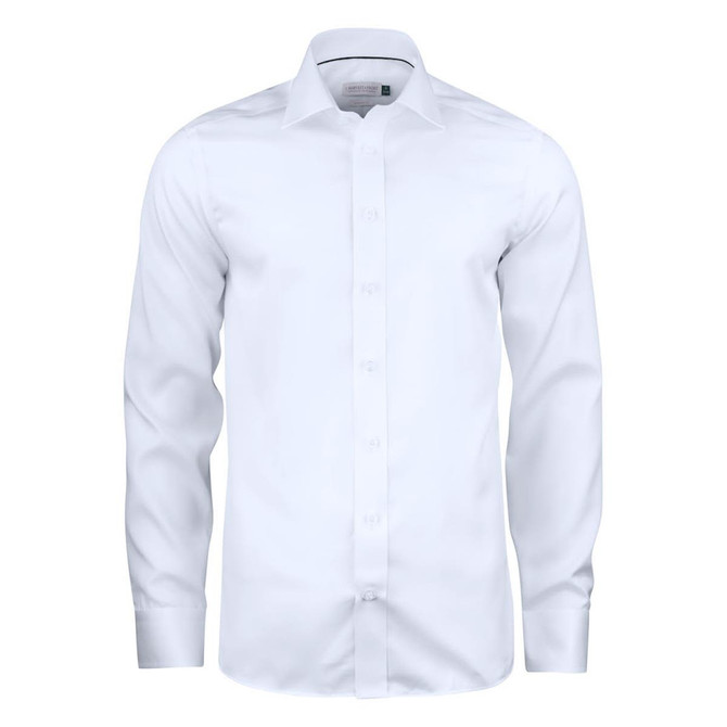 A white button-up shirt with long sleeves and a collar, featuring a branding logo.