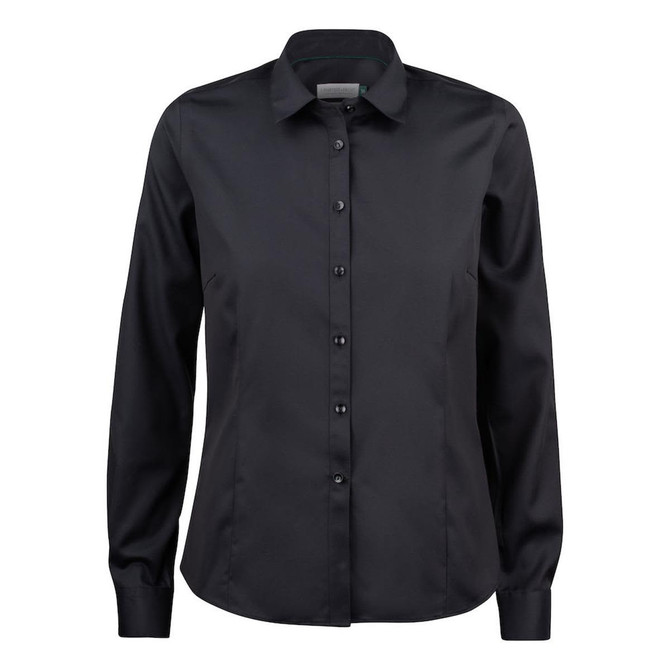 A women's button-up shirt in black, featuring a classic collar and long sleeves. It has buttons down the front and a logo.