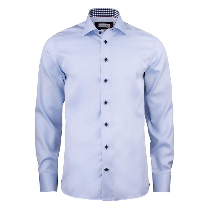 A light blue button-up shirt with long sleeves, featuring a checkered collar and black buttons. It has a logo.