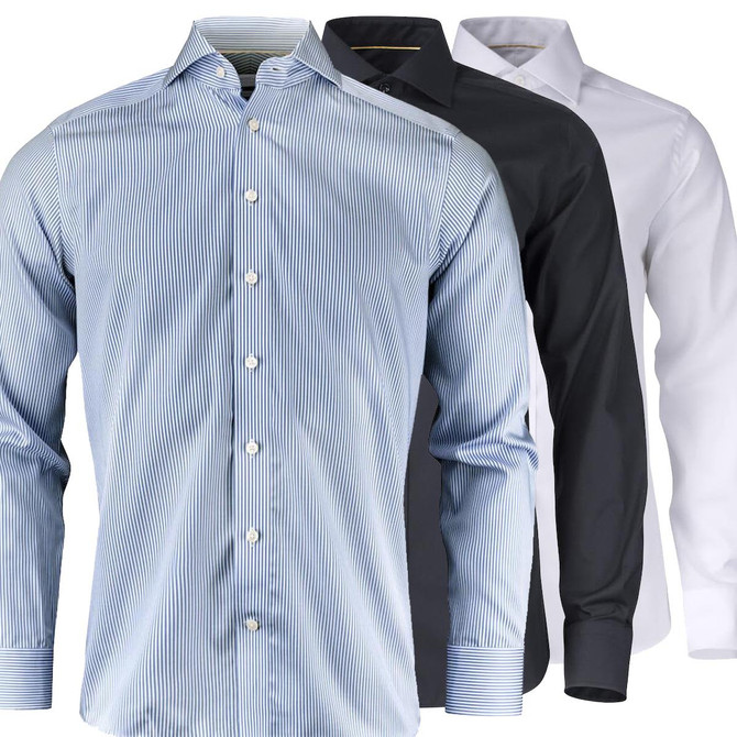 A collection of men's button-up shirts in blue striped, dark blue, and white with a logo present on one shirt.