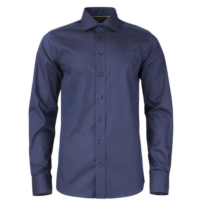 A dark blue button-up shirt with long sleeves and a collar, featuring a logo on the front.