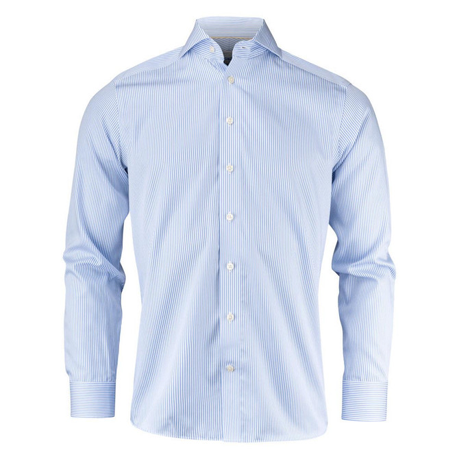 A button-up shirt featuring light blue vertical stripes and long sleeves, with a collar and buttons down the front.