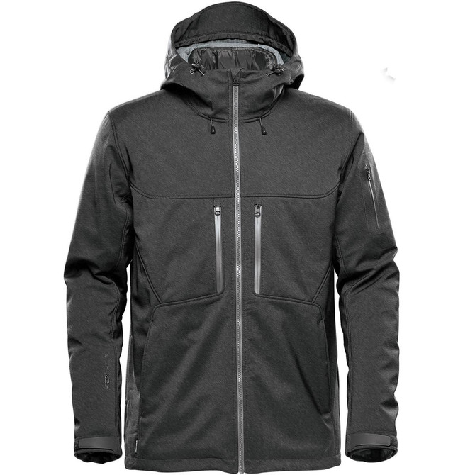 A grey men's jacket with a hood, zippered pockets, and a logo.