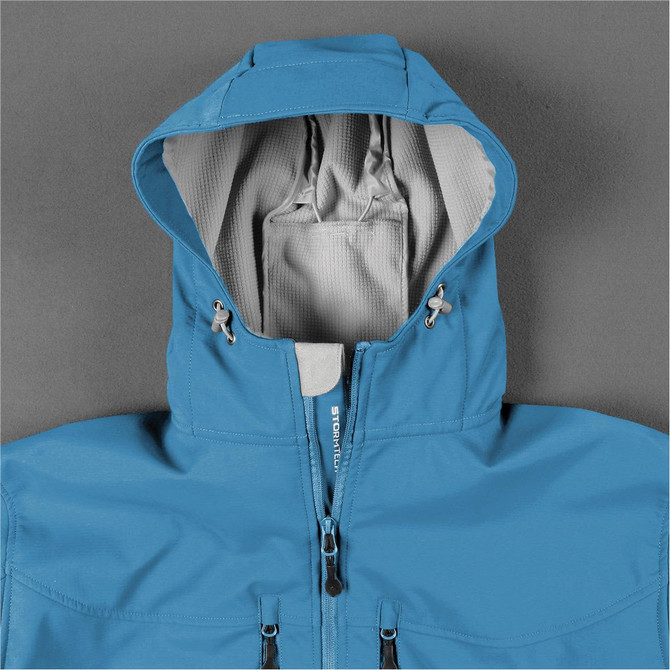 Men's Epsilon H2Xtreme Shell jacket in a sky blue colour, featuring a hood and zippered pockets, with a logo.