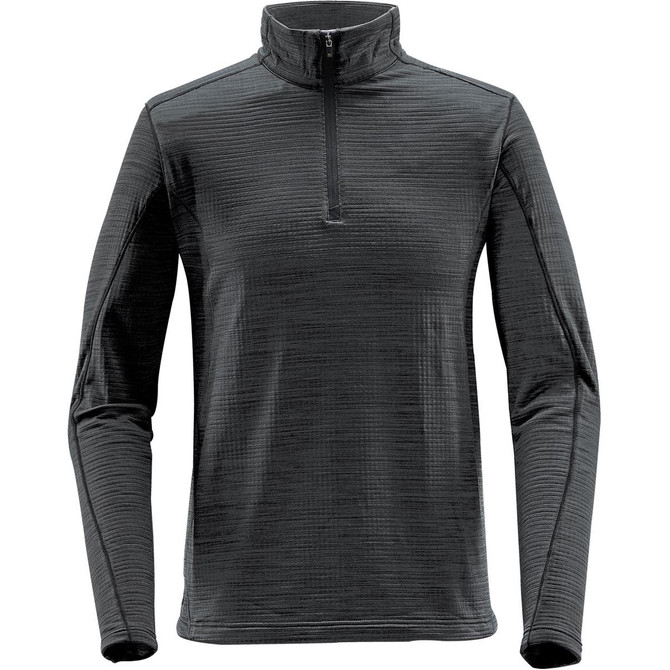 A men's black thermal 1/4 zip jumper featuring long sleeves and a textured design. It includes a logo on the front.
