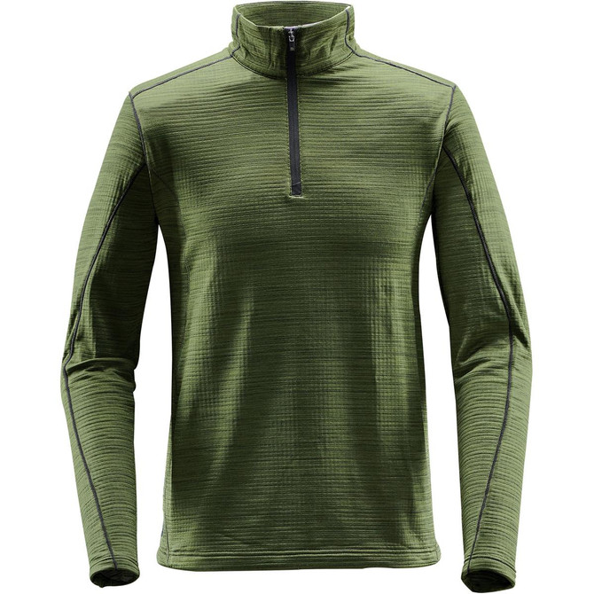 A green men's base thermal 1/4 zip jumper with a textured pattern and zippered collar, featuring contrasting stitching.