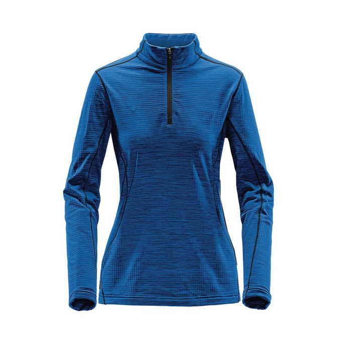 A blue women's base thermal 1/4 zip jumper with long sleeves and a zip at the collar, featuring a logo.