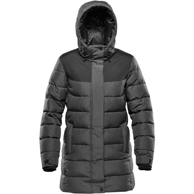 A stylish women's parka in black and grey, featuring a hood and puffy design, with a logo on the front.